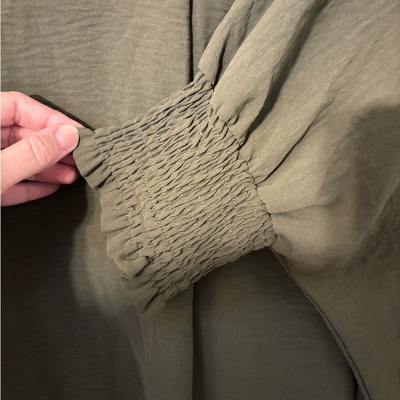 Olive Green Size 1XL Oversized Blouse with Smocked Sleeves – Boho Tunic Top - Picture 6 of 8